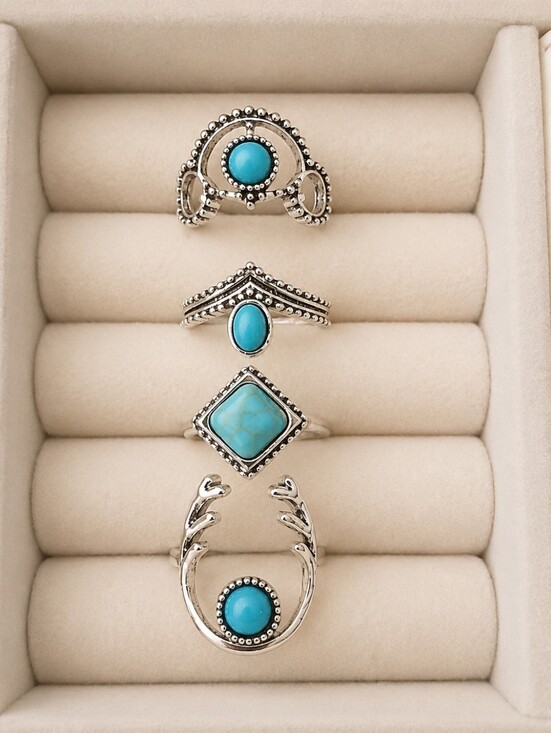 Jewelry - Boho Silver Turquoise Stackable Ring Set